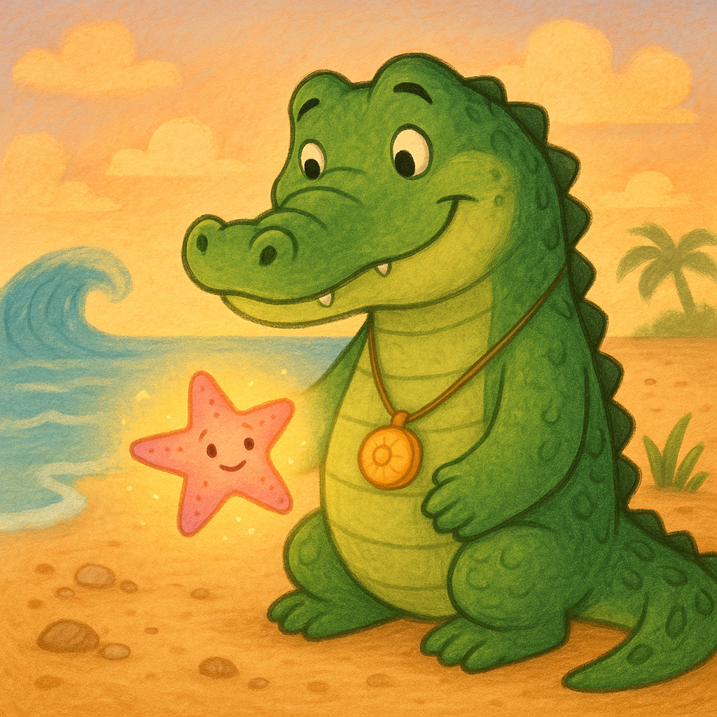Крокодил Тоша с морской звездой на пляже